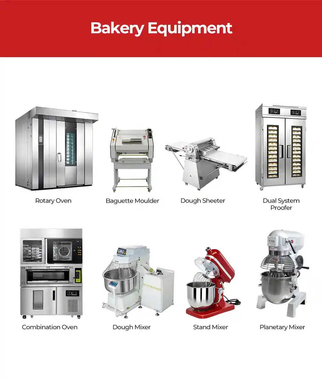Professional bakery equipment including a rotary oven, planetary mixer, dough sheeter, and baguette moulder.