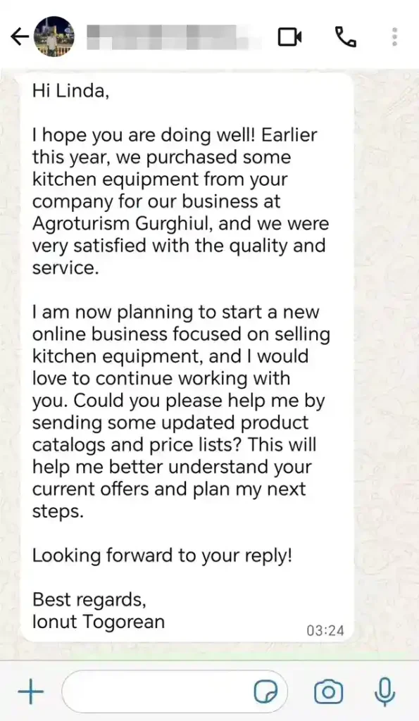 Satisfied client requests catalog for a new business, stating "We were very satisfied with the quality and service."