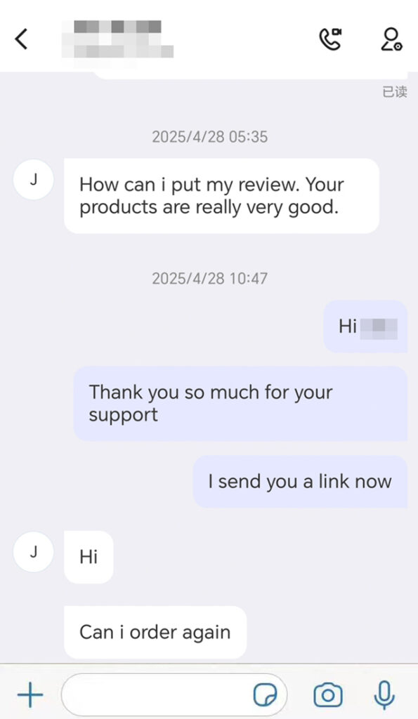 Customer message asking "How can I put my review? Your products are really very good."