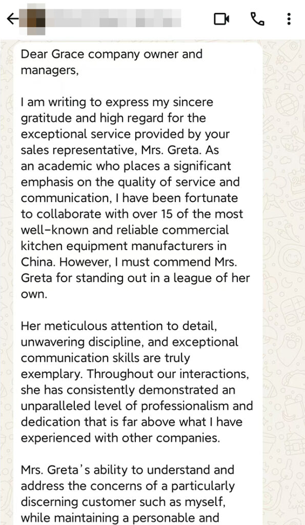 Page 1 of a client testimonial letter praising sales representative Greta for her exceptional service and professionalism.