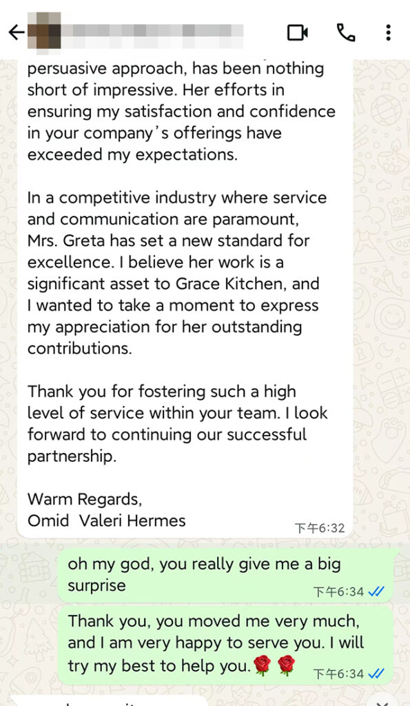 Page 2 of the testimonial from Omid Valeri Hermes, concluding high praise for Greta and Grace Kitchen Company.