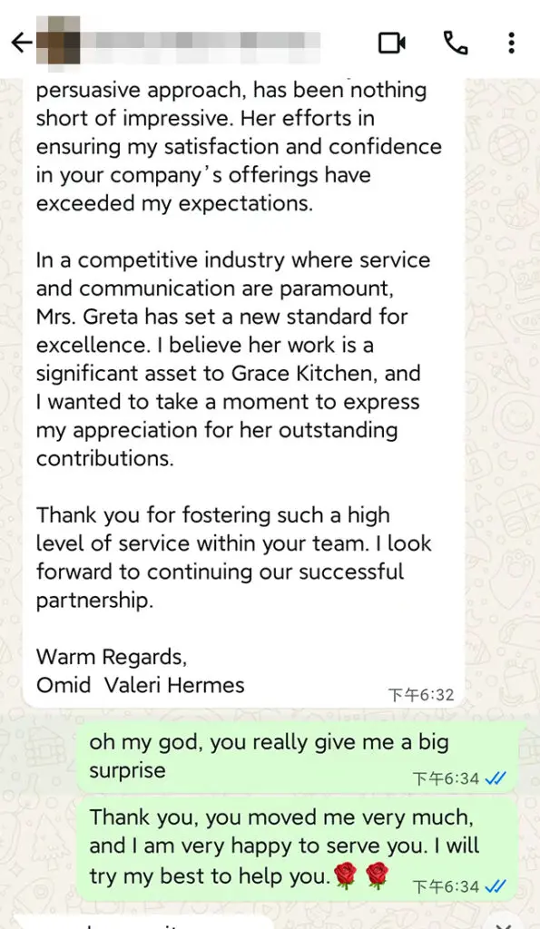 Page 2 of the testimonial from Omid Valeri Hermes, concluding high praise for Greta and Grace Kitchen Company.