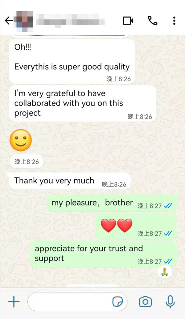 Client testimonial stating "Everything is super good quality. I'm very grateful to have collaborated with you."