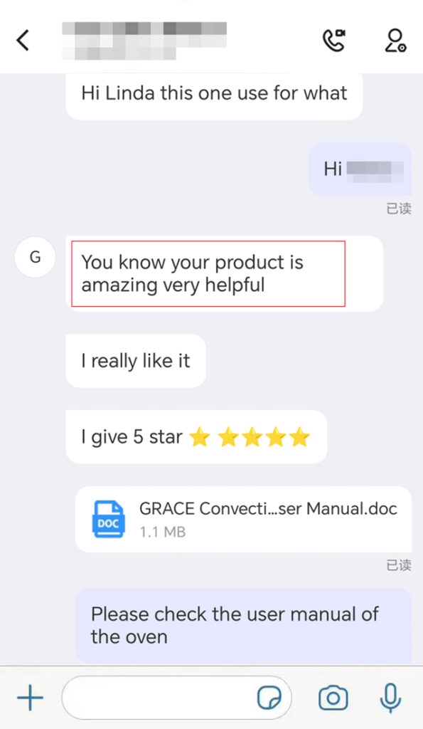 Customer spontaneously gives a 5-star rating, saying "Your product is amazing, very helpful. I really like it."