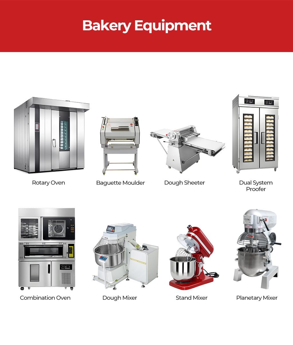 Professional bakery equipment including a rotary oven, planetary mixer, dough sheeter, and baguette moulder.