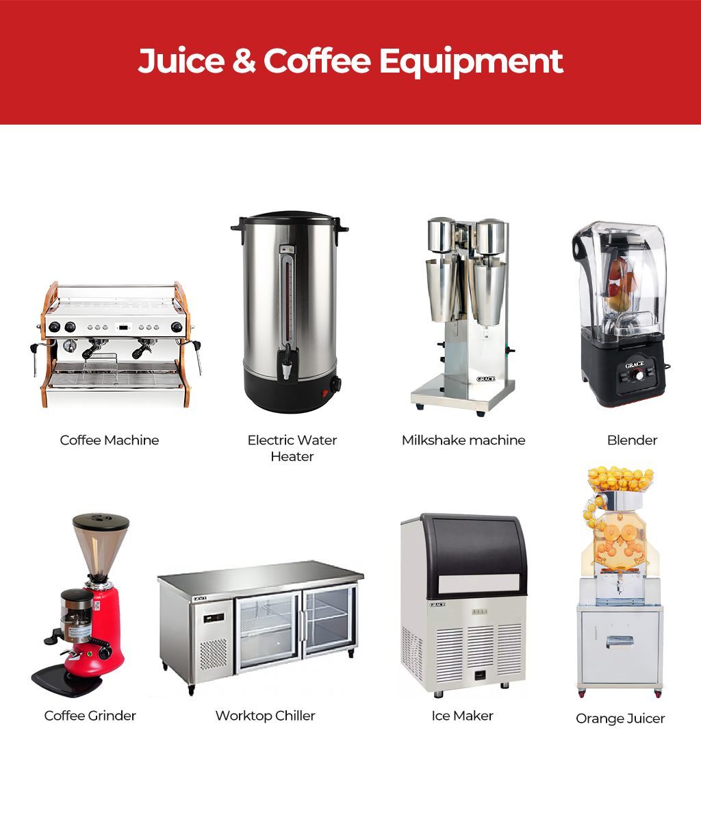 Commercial beverage equipment including an espresso machine, blender, juicer, and coffee grinder for a cafe or bar.