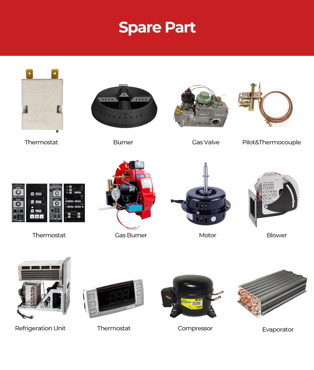 Assorted commercial kitchen equipment spare parts including thermostats, gas burners, valves, and refrigeration components.