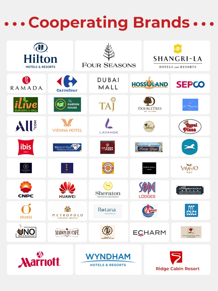 Logos of our cooperating brands and clients including Hilton, Huawei, Marriott, Four Seasons, and CNPC.