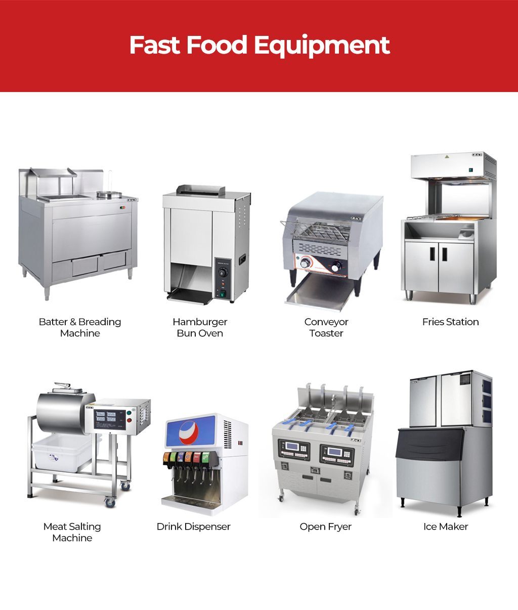 Fast food restaurant equipment like a conveyor toaster, open fryer, bun oven, and drink dispenser.