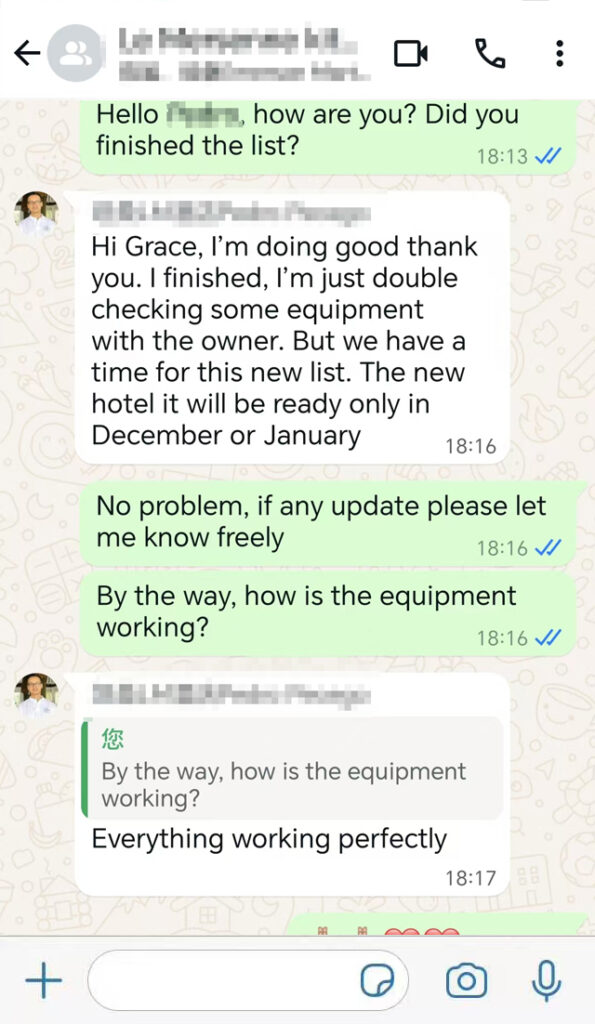 Screenshot of a follow-up conversation asking "How is the equipment working?"