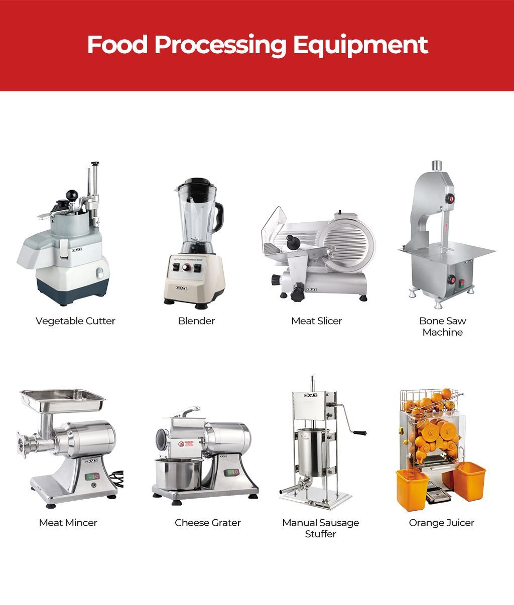 Food preparation equipment including a vegetable cutter, meat mincer, blender, and sausage stuffer.
