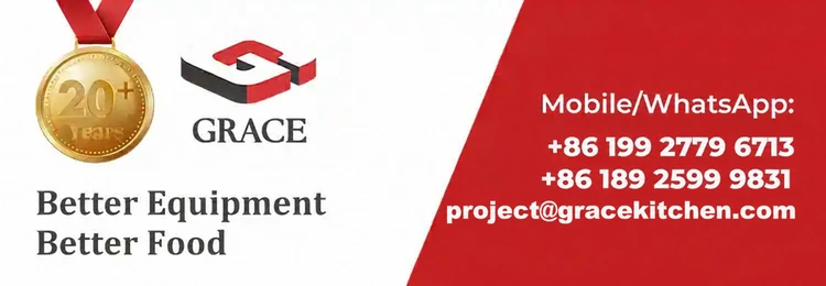 Contact Grace Kitchen Equipment: Better Equipment, Better Food. Mobile, WhatsApp, and email details.