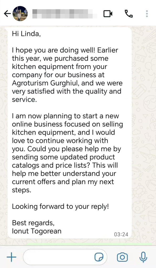 Satisfied client requests catalog for a new business, stating "We were very satisfied with the quality and service."