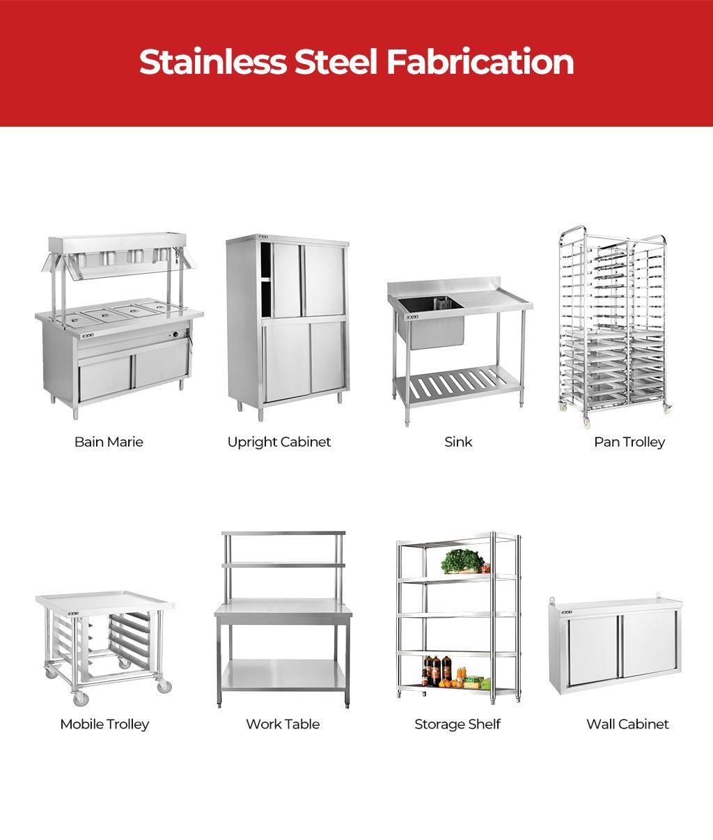 Custom stainless steel fabrication for kitchens including work tables, sinks, shelves, and trolleys.