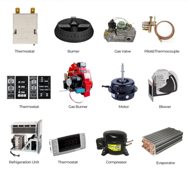 Assorted commercial kitchen equipment spare parts including thermostats, gas burners, valves, and refrigeration components.