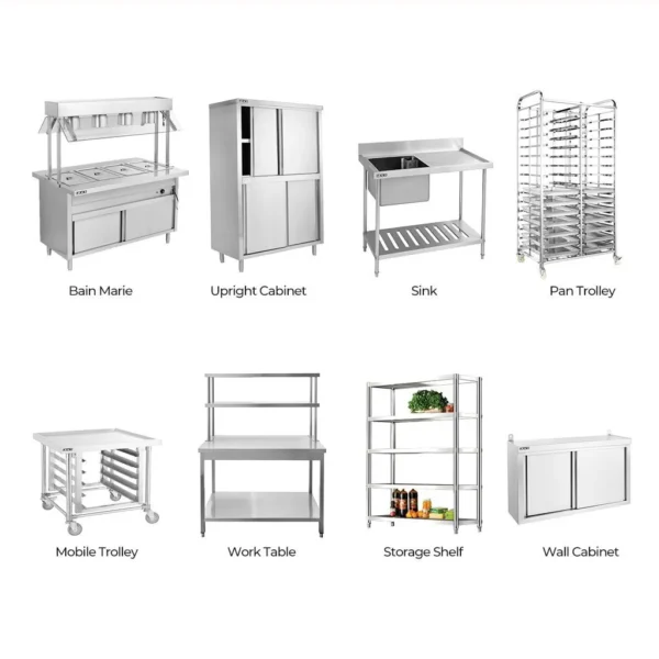 Custom stainless steel fabrication for kitchens including work tables, sinks, shelves, and trolleys.