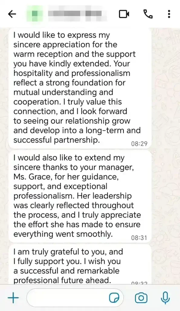 Client appreciation note - praising professional hospitality and Manager Grace's leadership - long-term partnership support