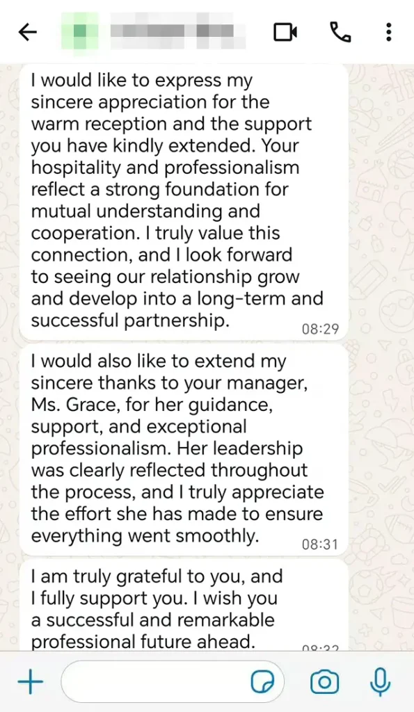 Client appreciation note - praising professional hospitality and Manager Grace's leadership - long-term partnership support