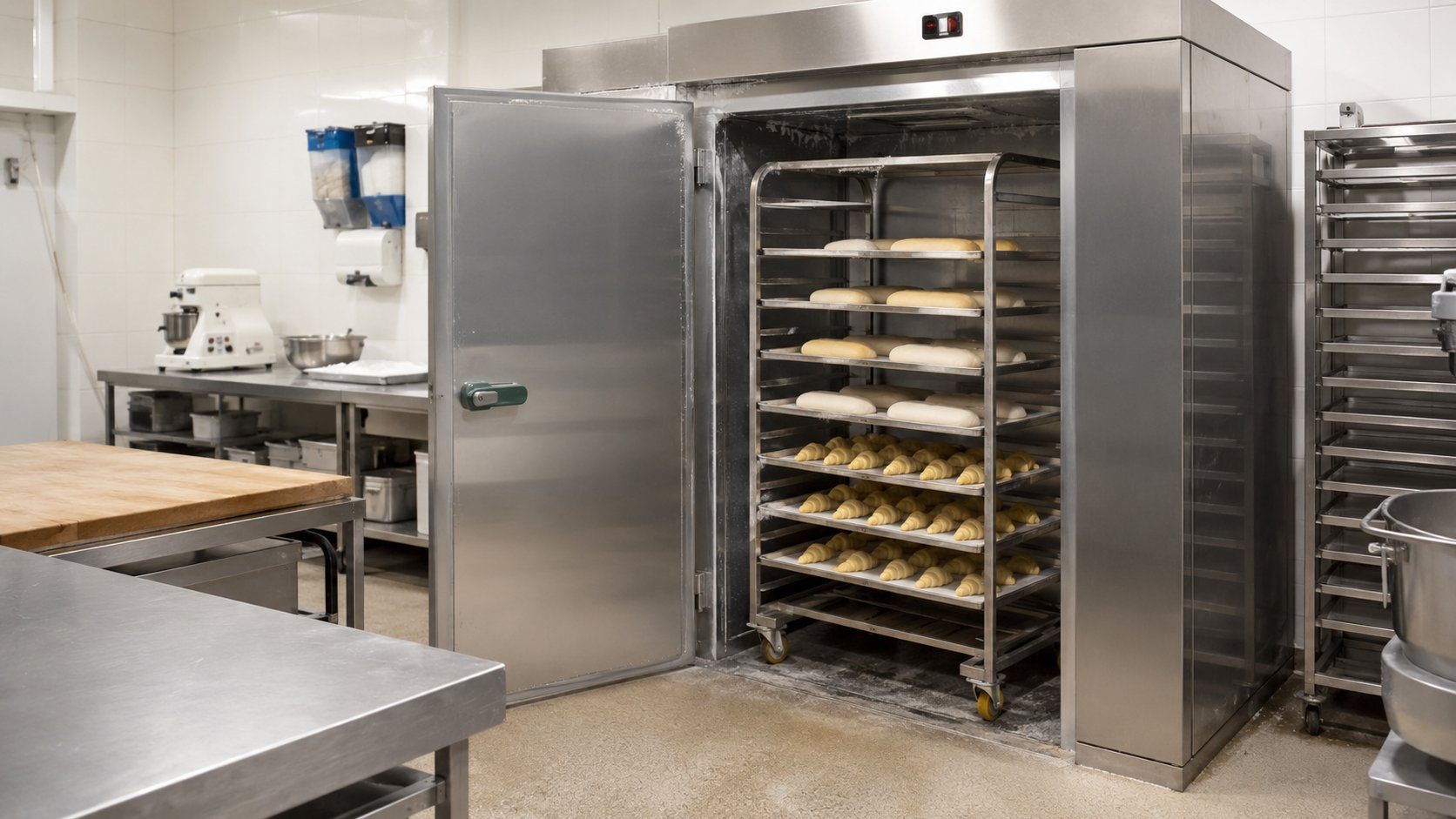 Stainless steel dough retarder-freezer in a commercial bakery, open showing a trolley rack of trays of dough loaves and shaped croissants