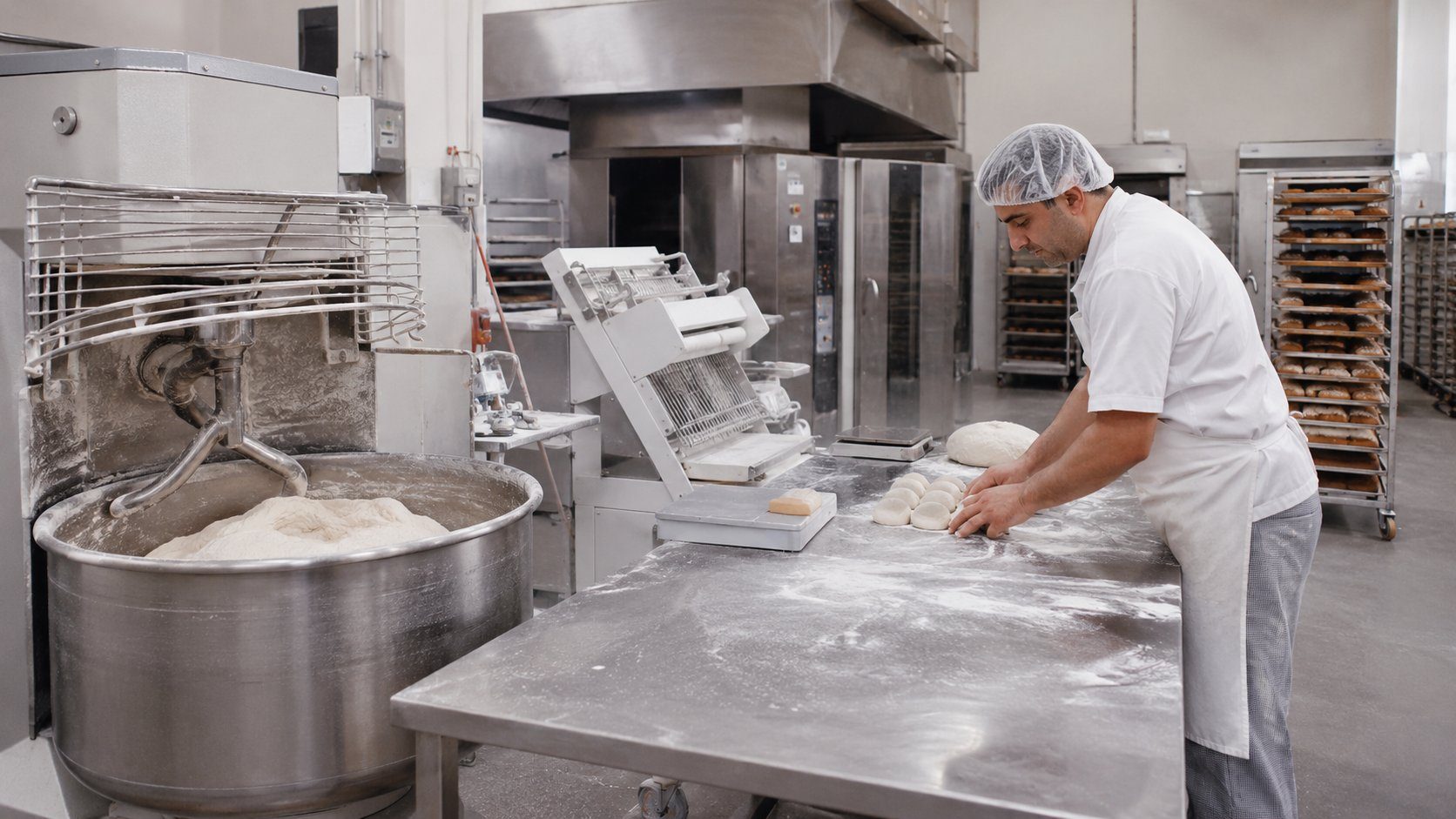 Baker portioning and shaping dough on a stainless steel work table next to a spiral mixer in a commercial bakery production line