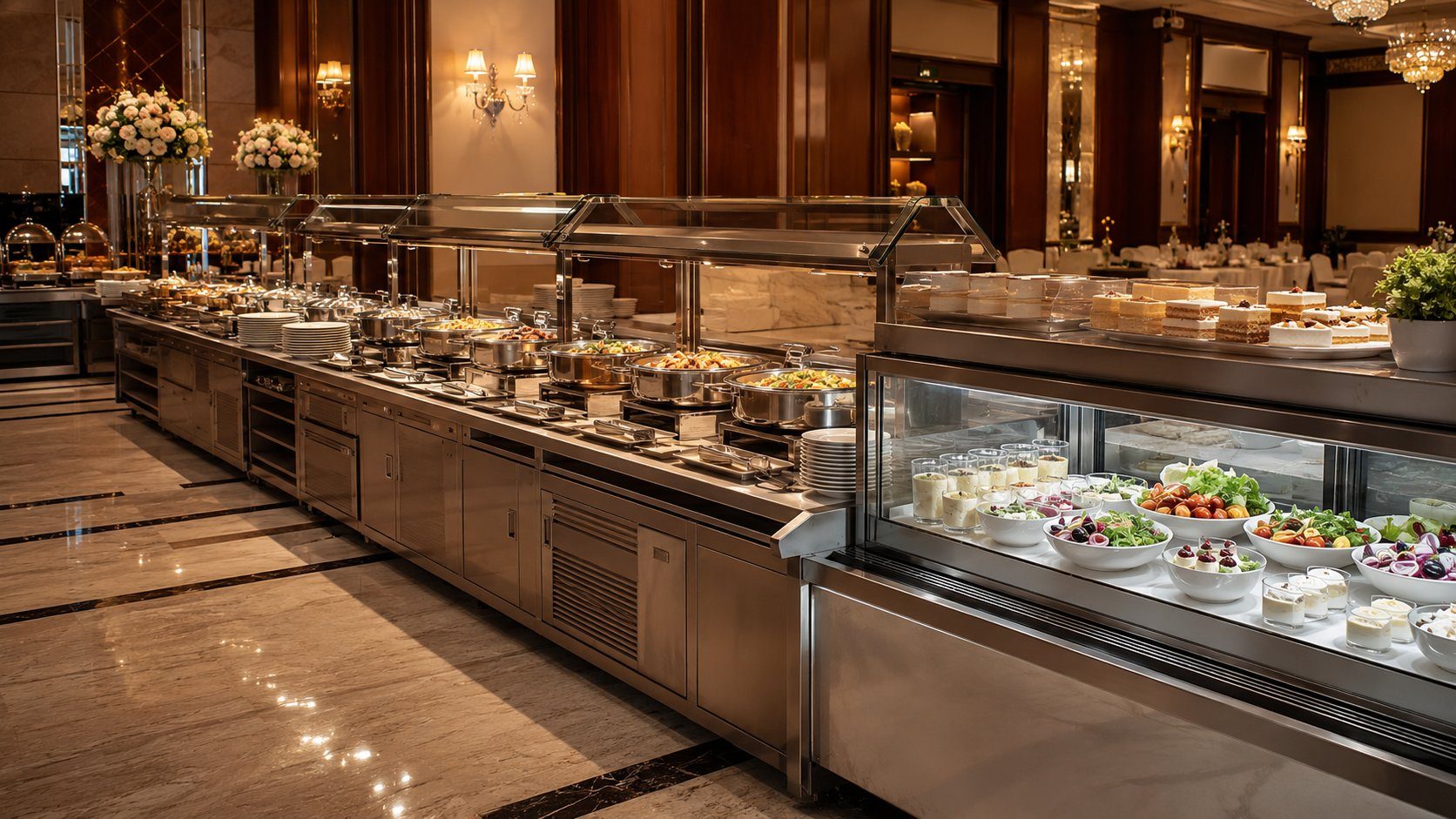 Elegant hotel buffet service line with chafing dishes, hot bain-marie counters and a refrigerated cold display of salads and desserts, set up for a banquet