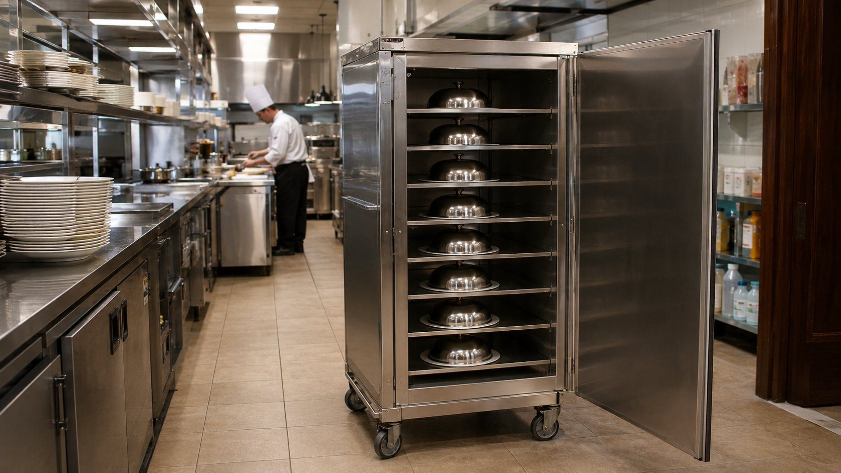 Stainless steel heated banquet plate trolley in a hotel kitchen, open with shelves of plated meals covered with polished silver dome cloches, ready for transport to the ballroom