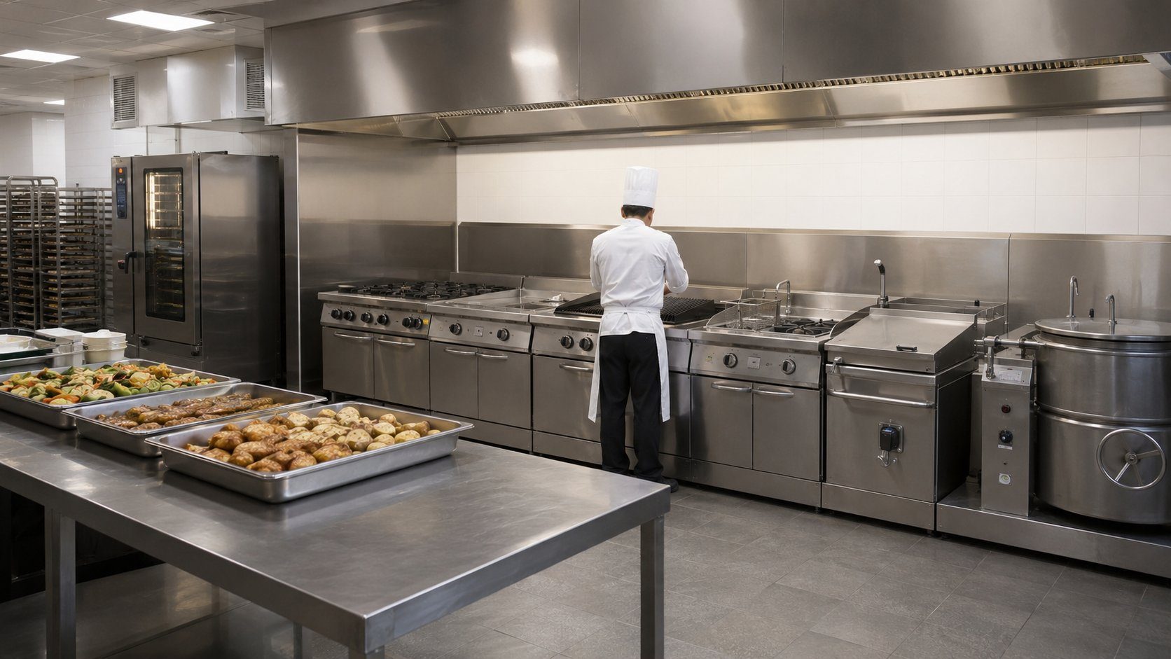 Banquet production kitchen with a Western commercial cooking line — gas range, griddle, chargrill, fryer and tilting pan under a stainless steel exhaust canopy, with a combi oven on the side