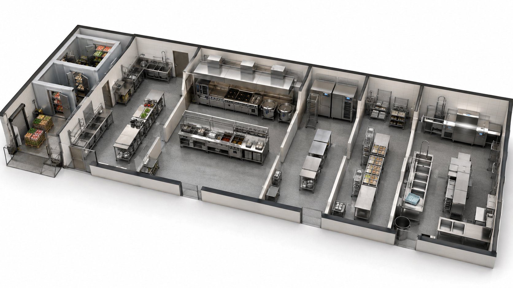 3D CAD layout of a central kitchen showing separated directional zones — cold storage, preparation, cooking, blast chilling, packing and dishwashing