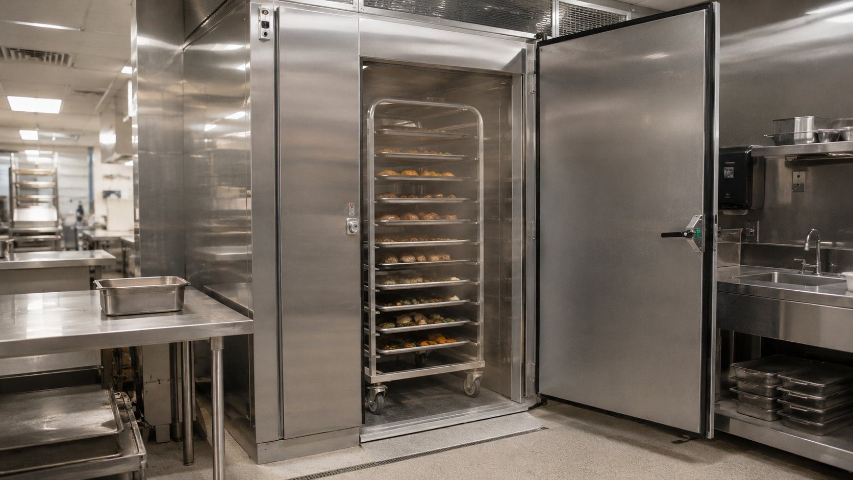 Roll-in blast chiller in a central kitchen with a trolley rack of freshly cooked food, used to rapidly cool product for food safety