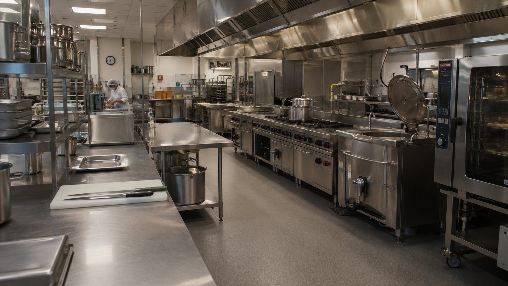 Cooking and preparation zone in a central kitchen with commercial ranges, combi oven, steam jacketed kettle and stainless steel prep tables