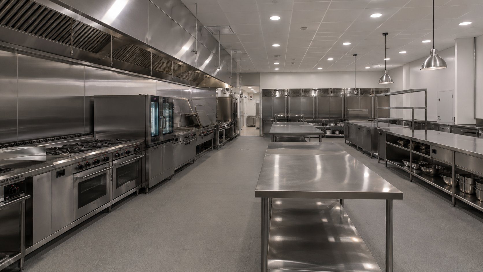 Large central kitchen (commissary) with a stainless steel cooking line, prep tables and refrigeration supplied from China by GRACE