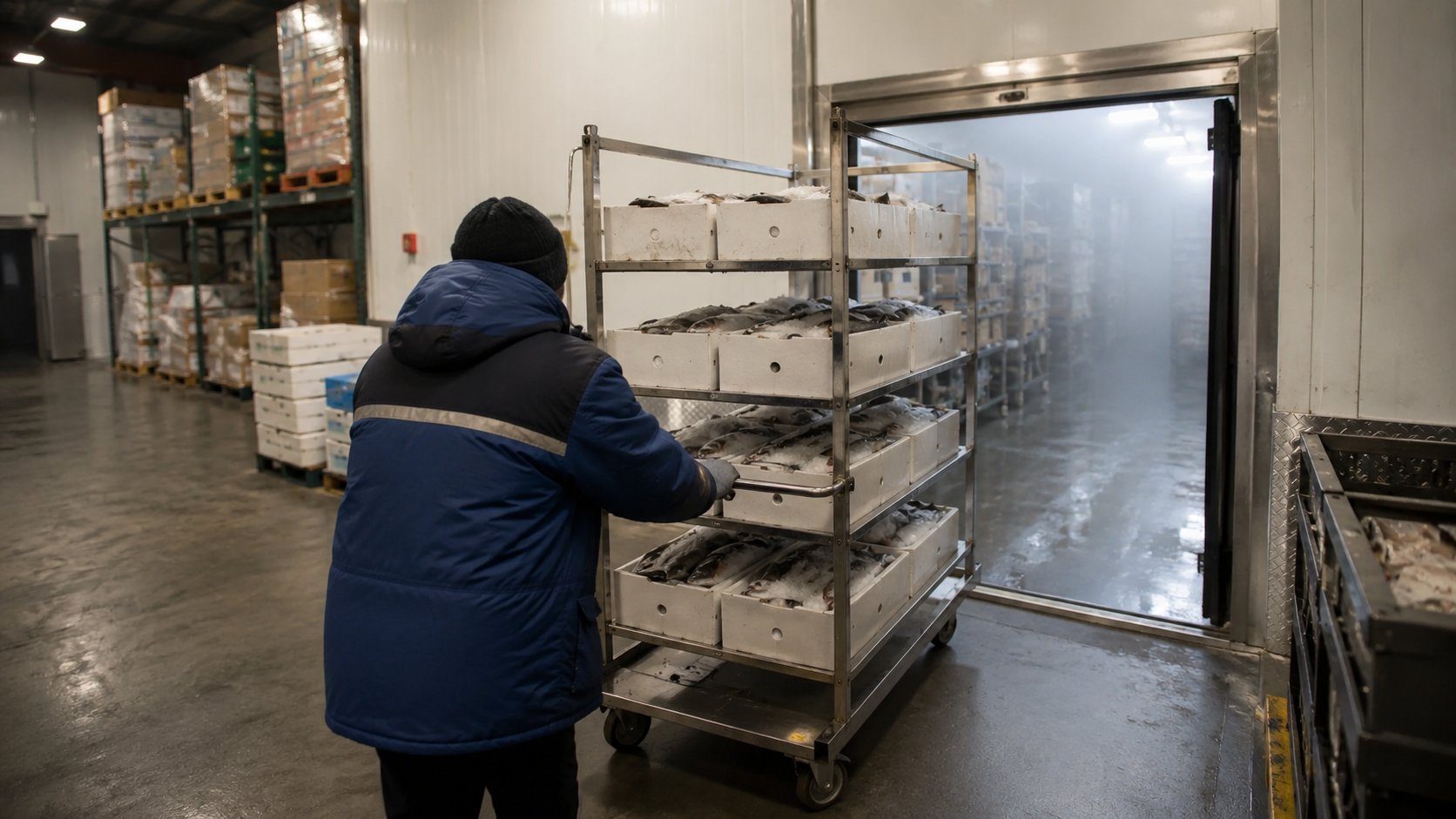 Worker in cold-storage jacket pushing a rack trolley of fresh fish into a cold room, illustrating cold-chain handling of perishable product