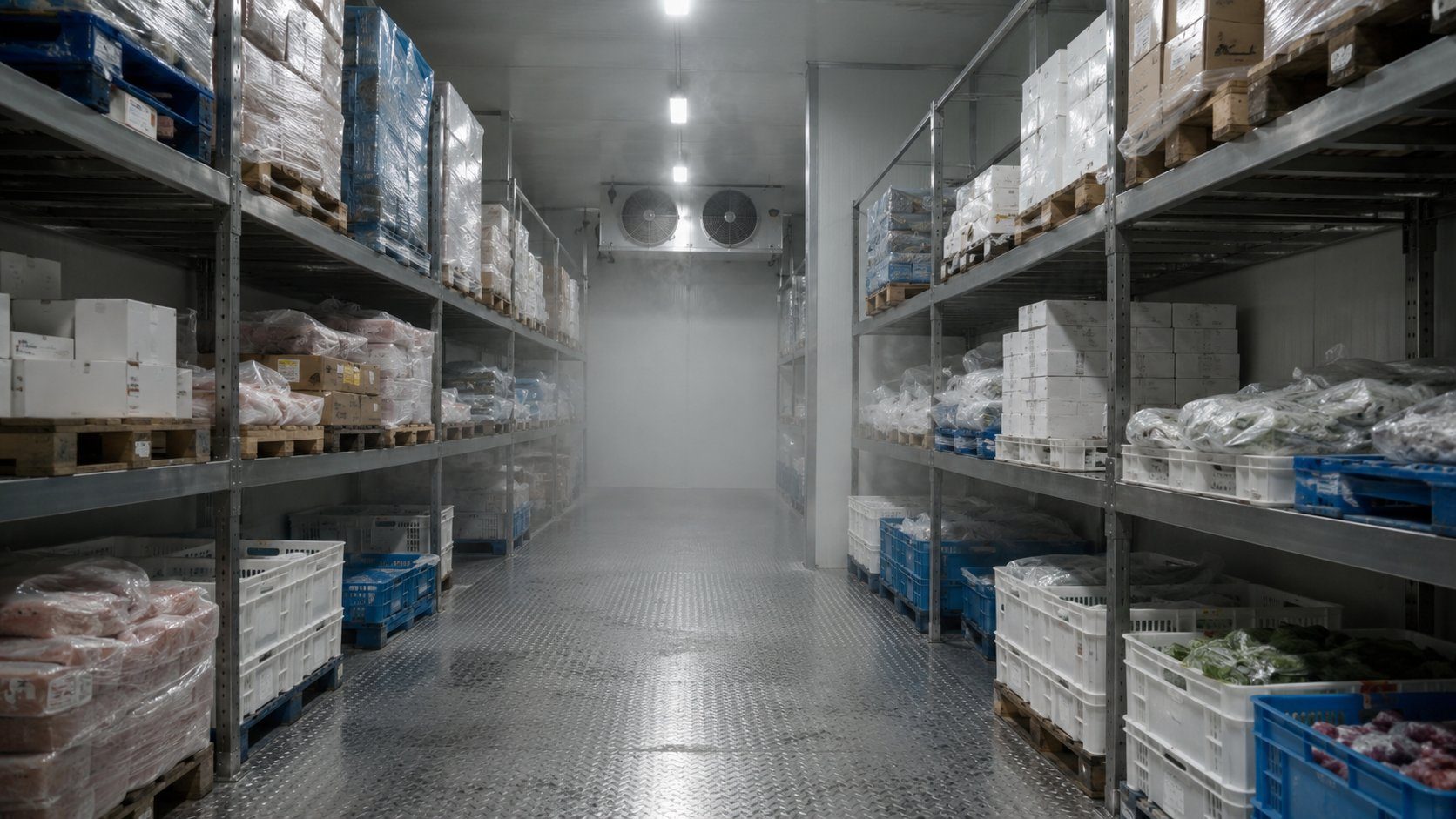 Large commercial walk-in cold storage warehouse with shelves of stacked chilled and frozen food product — meat, seafood, vegetables — supplied from China by GRACE IceStorm