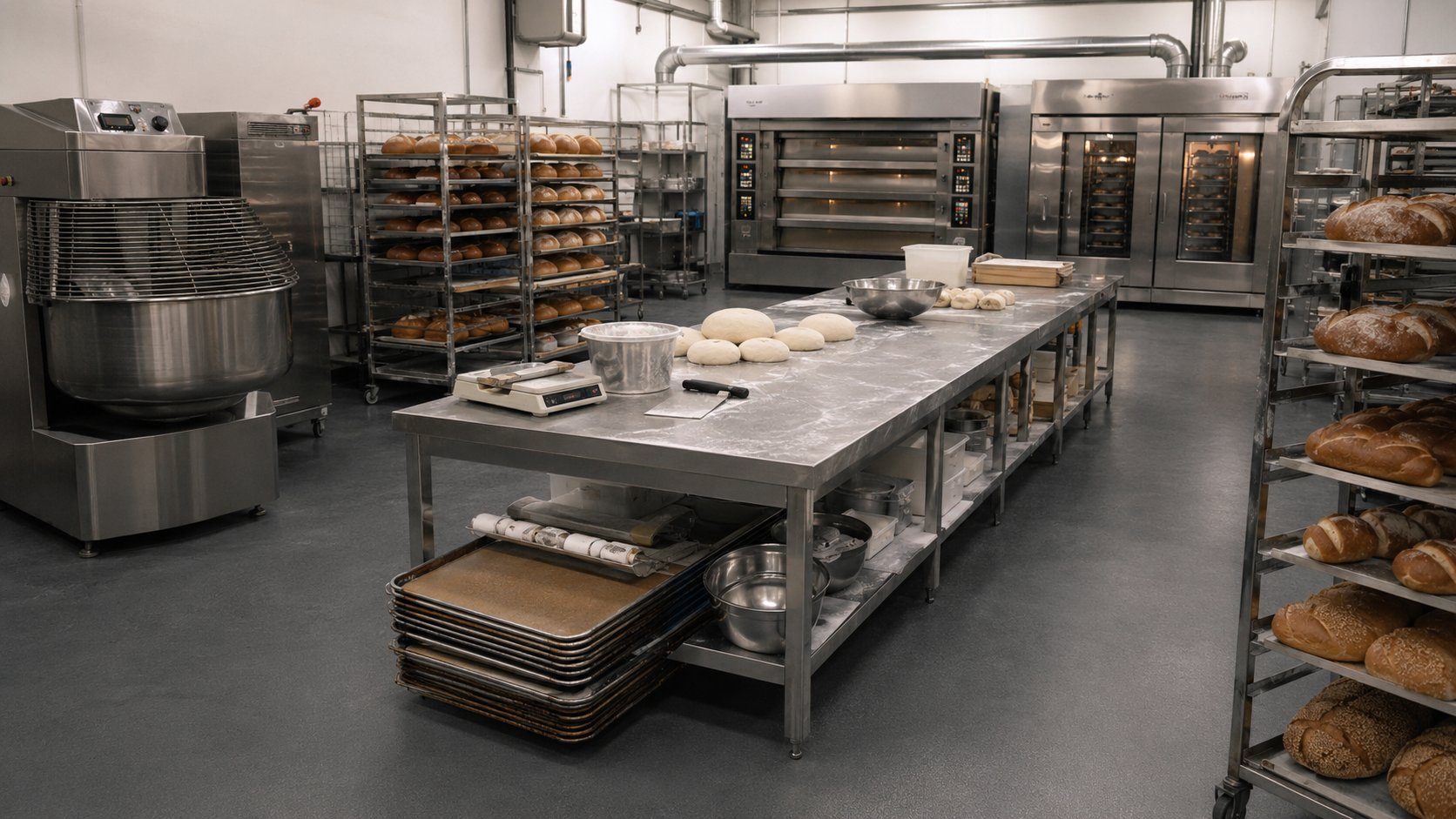 Modern commercial bakery production area with spiral mixer, stainless steel work table, rotary rack oven, deck oven and racks of fresh-baked bread supplied from China by GRACE