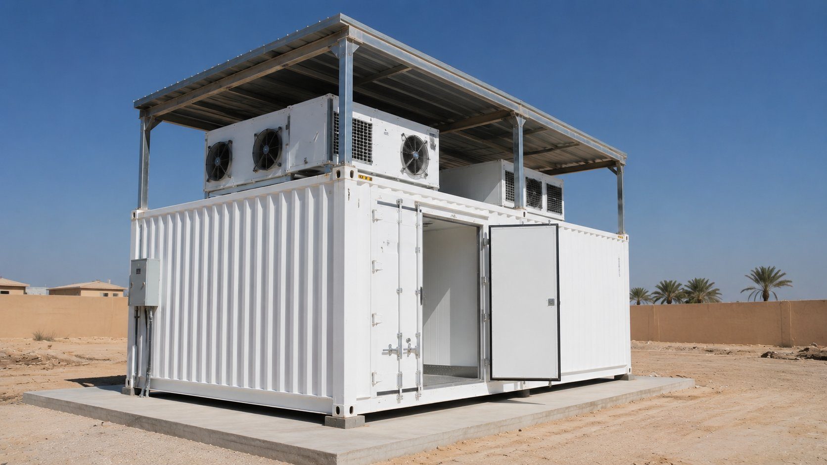 Containerised cold-chain plant for emerging markets — white shipping-container cold storage with refrigeration condensers under a shade canopy on a concrete pad in a hot Middle Eastern climate