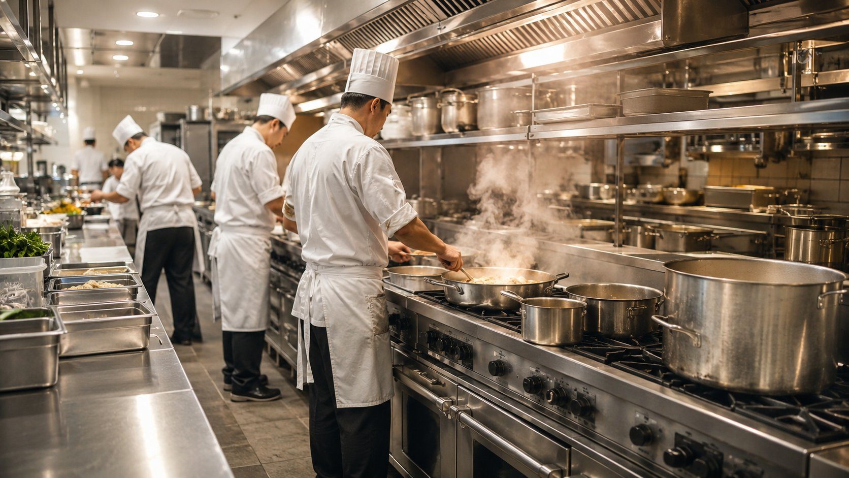 Chefs working on a stainless steel cooking line in a busy hotel banquet kitchen
