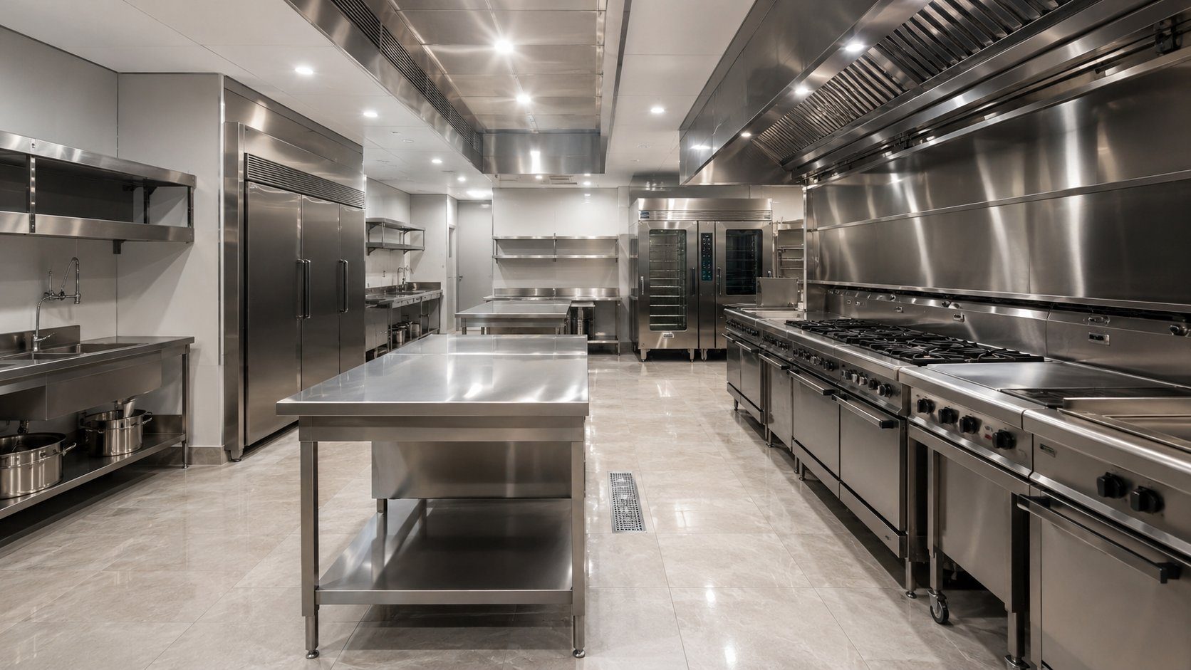Complete modern hotel commercial kitchen with stainless steel cooking line, refrigeration and exhaust hoods supplied from China by GRACE