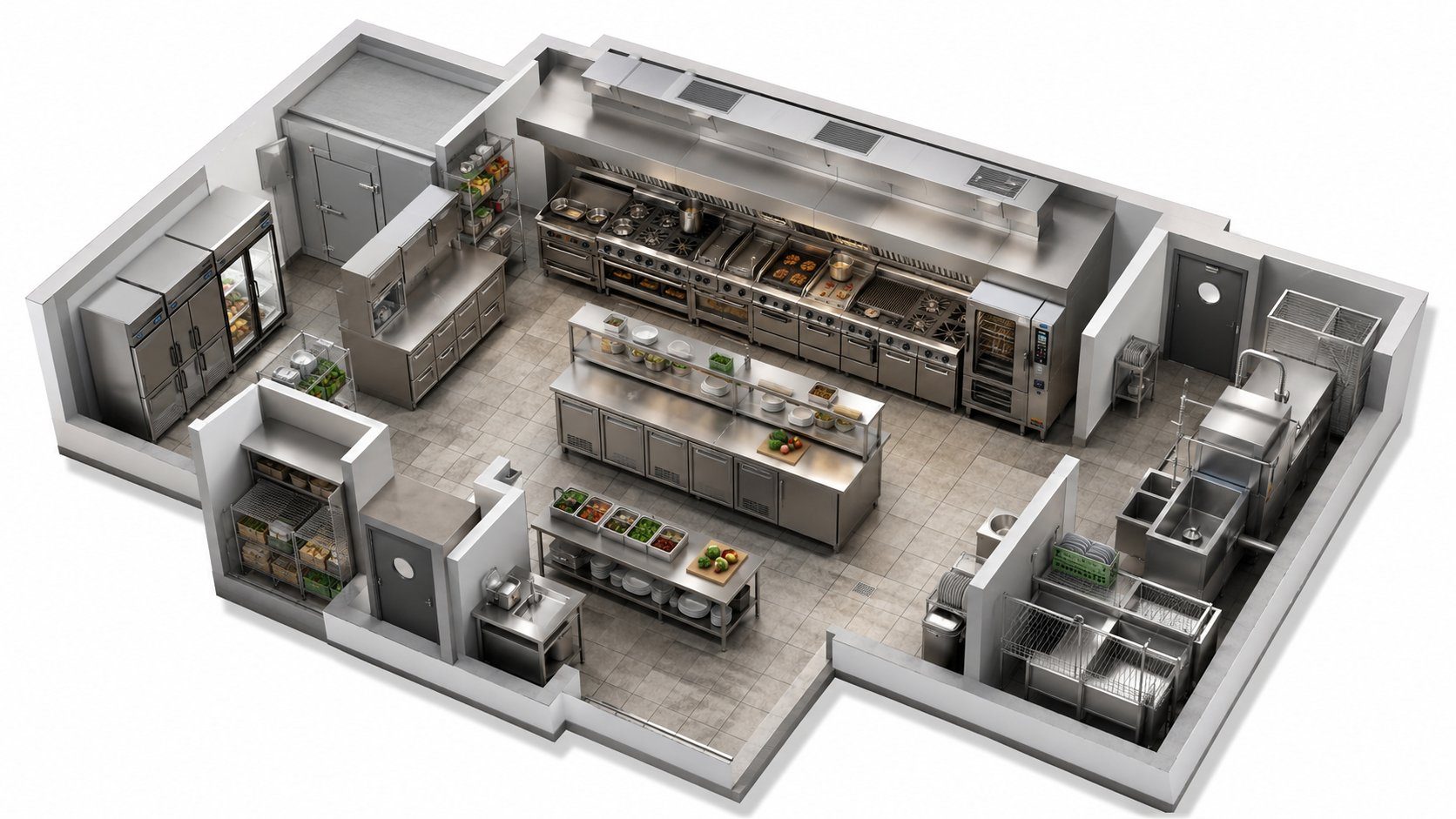 3D CAD rendering of a hotel commercial kitchen layout showing cooking, refrigeration, food prep and dishwashing zones