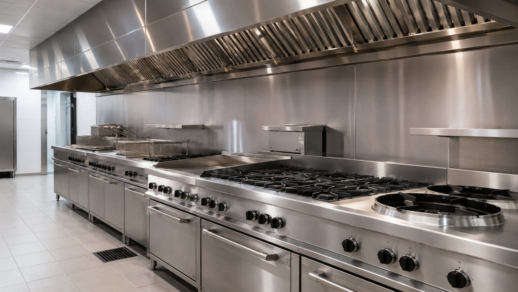Newly installed hotel kitchen cooking line with stainless steel gas ranges and stockpot burners under an exhaust canopy