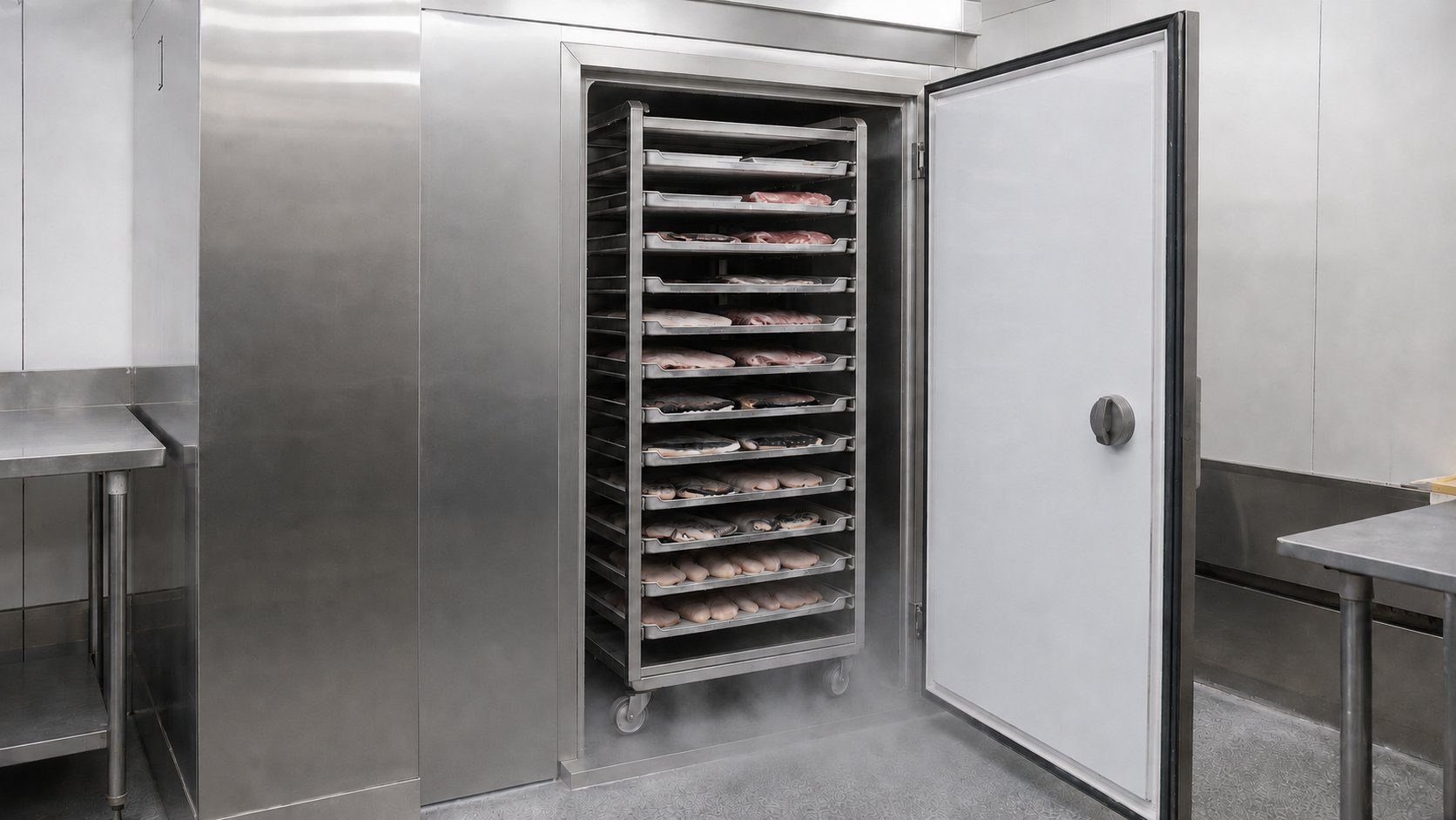 Industrial blast freezer with door open showing a trolley rack of frozen meat and fish on trays, with cold vapor rolling from the door — clean equipment with no icing
