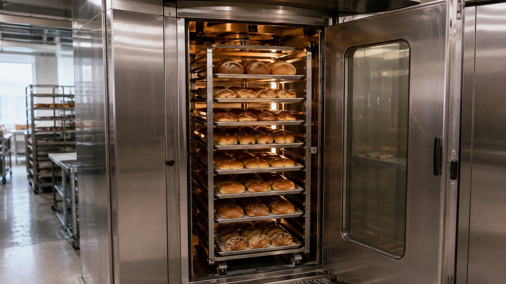 Commercial stainless steel rotary rack oven with a trolley of sheet pans of freshly baked bread inside, used for high-output bakery production