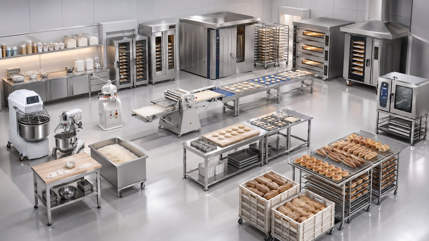 GRACE 3D bakery production line design rendering with spiral mixer rotary oven deck oven and finished bread display