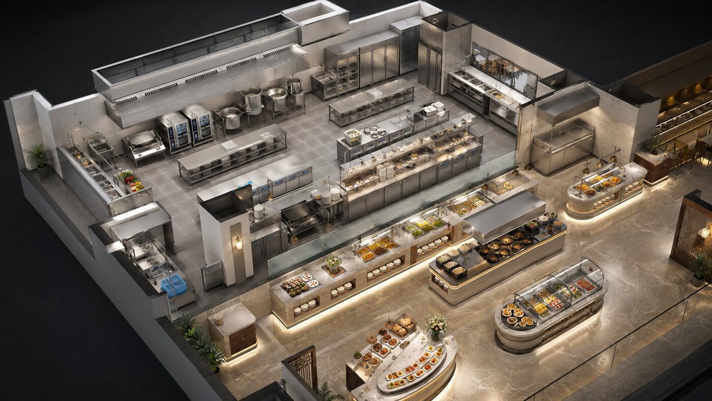 GRACE 3D banquet kitchen design rendering showing production cooking line cook-chill cold rooms and front-of-house buffet service display