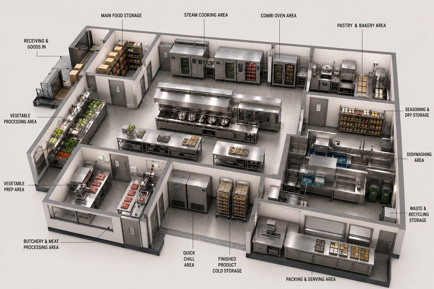 GRACE 3D central kitchen design rendering showing all functional zones from receiving to packing