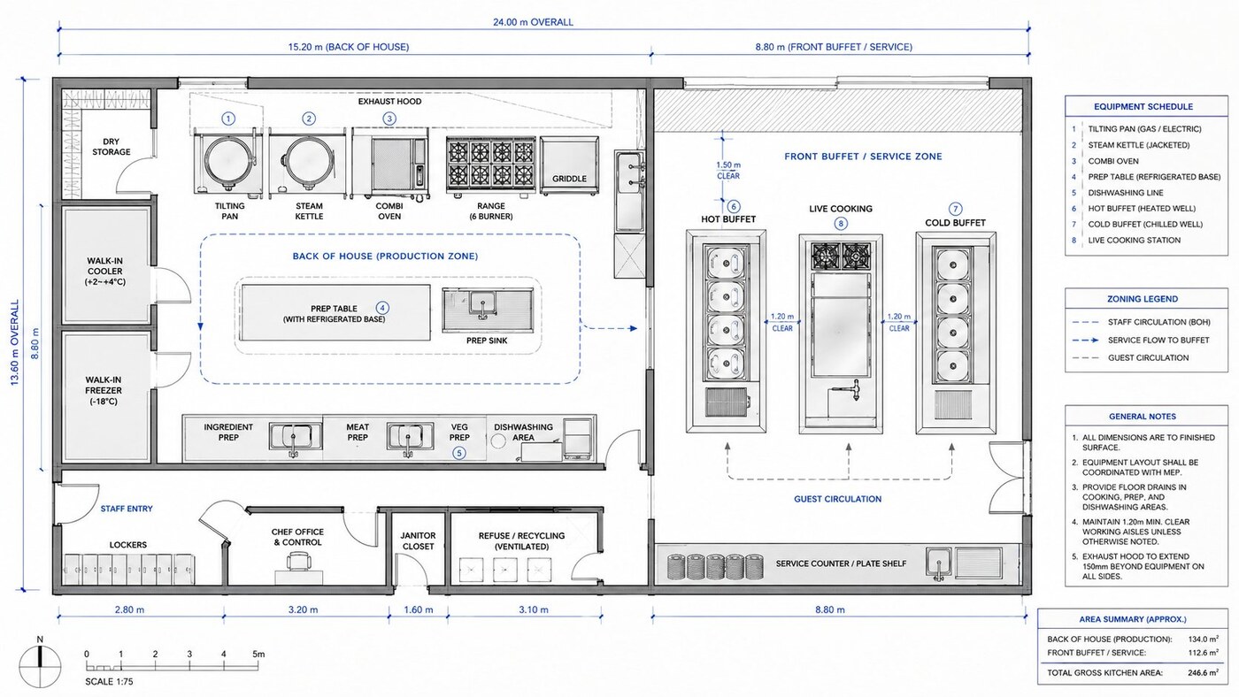 GRACE AutoCAD banquet kitchen layout with back-of-house production zone and front buffet service line including hot buffet live cooking and cold buffet stations