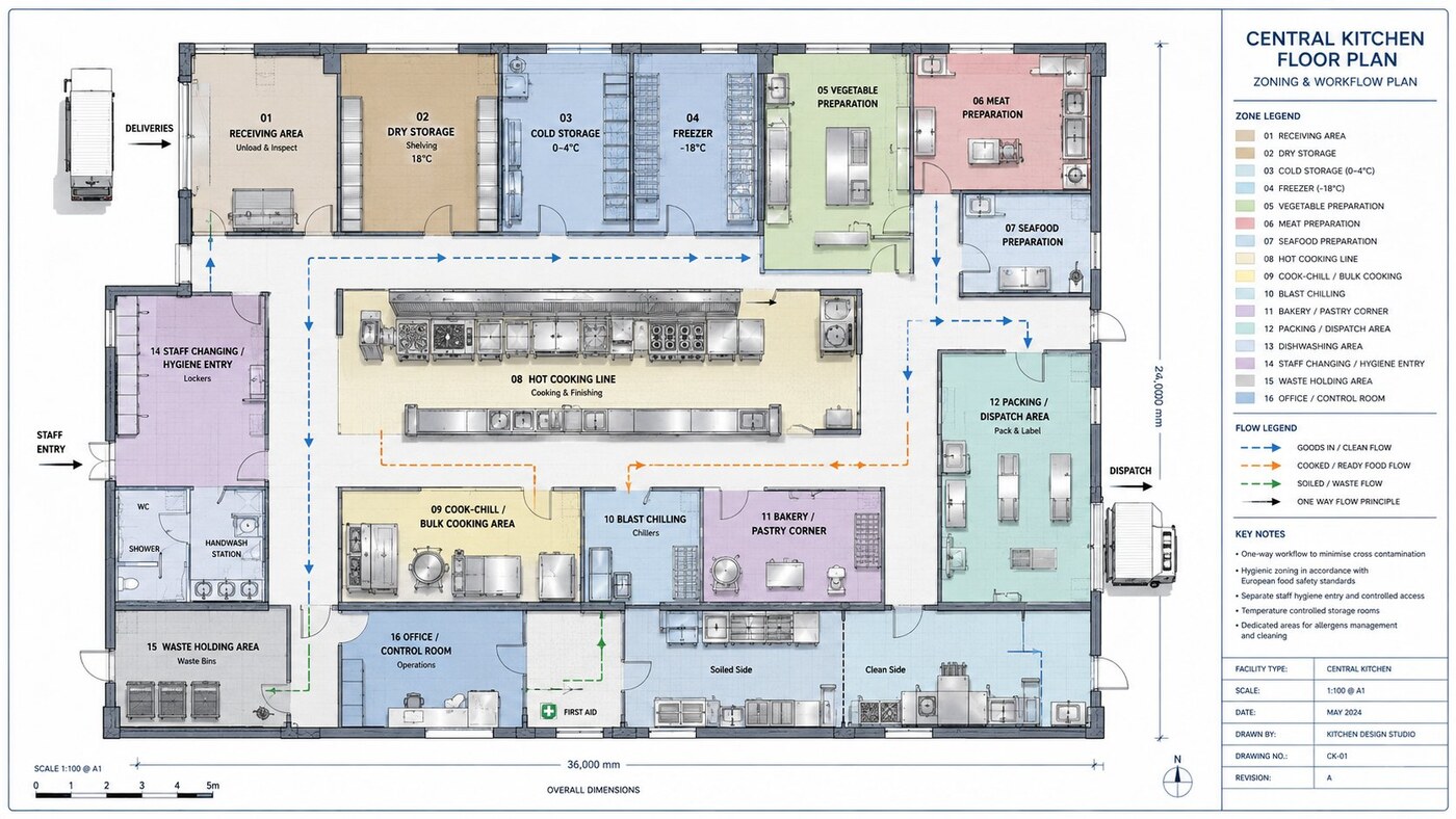 GRACE AutoCAD central kitchen floor plan with HACCP zoning and one-way workflow
