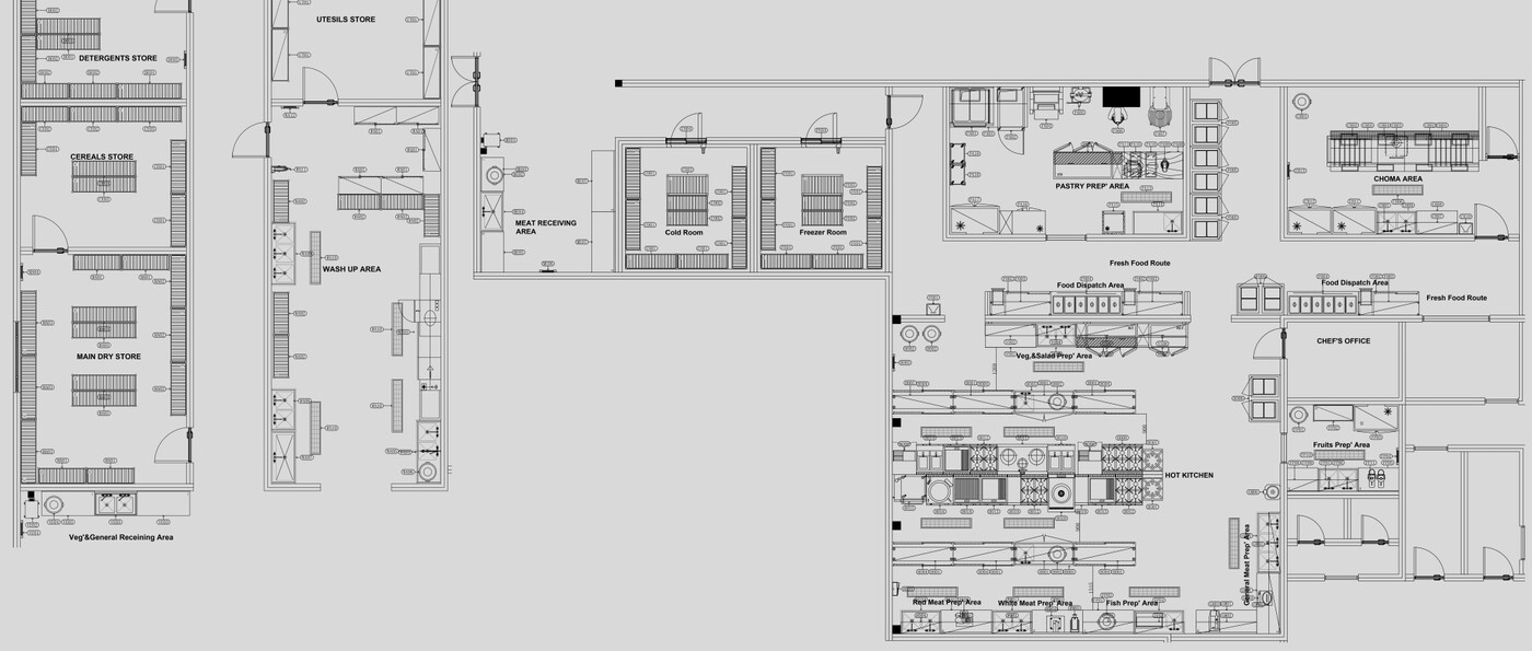 GRACE AutoCAD hotel kitchen layout design for Ridge Cabin Resort 5-star hotel in Kenya