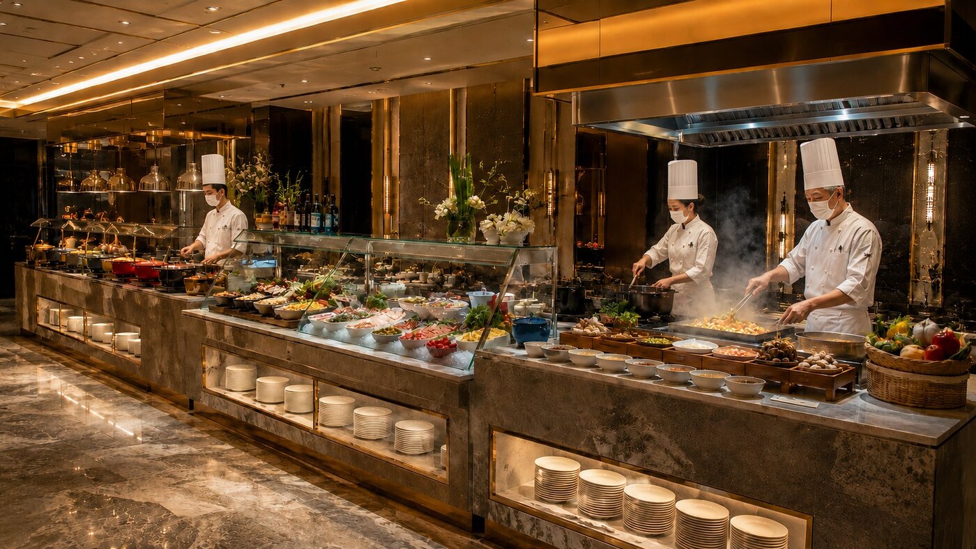 GRACE banquet buffet service line front of house with hot buffet cold display and live cooking station