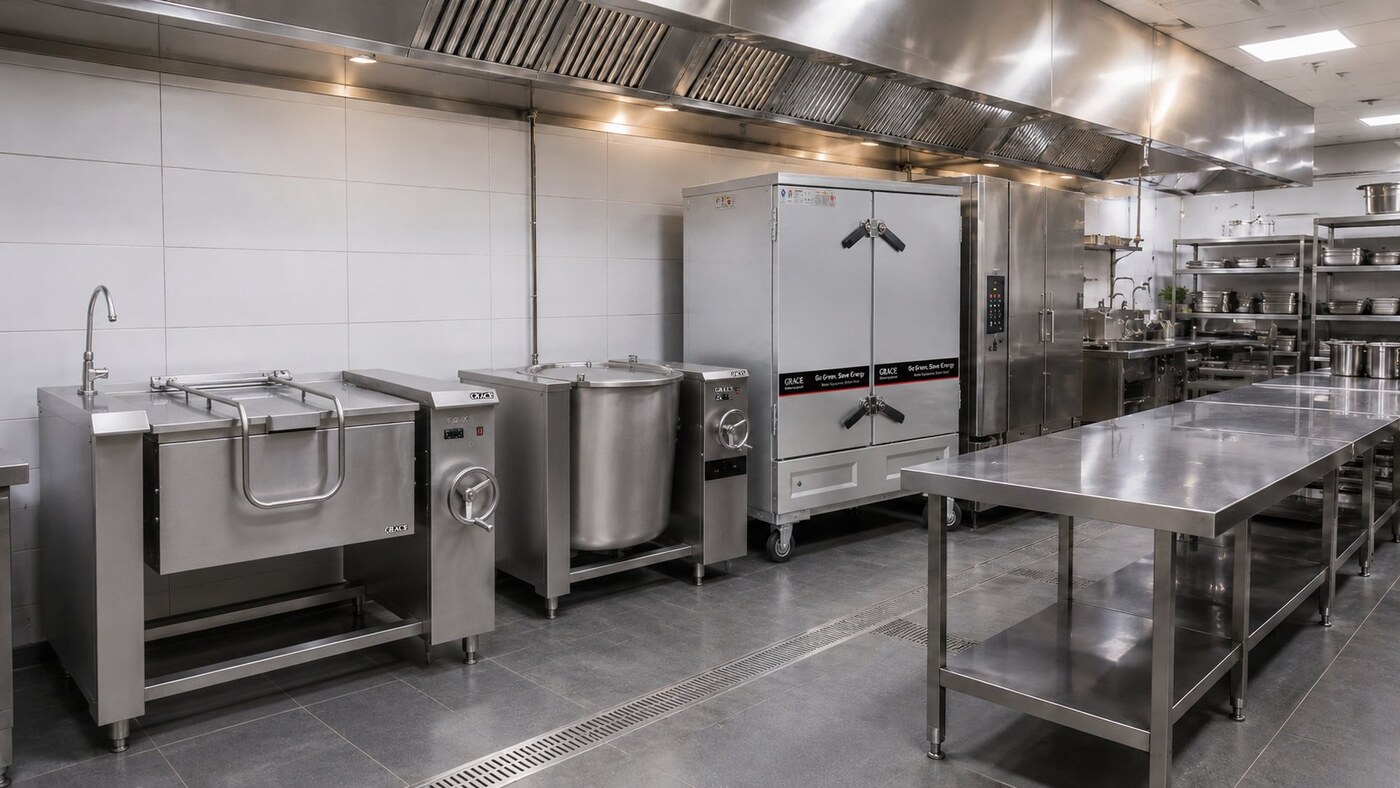 GRACE banquet production kitchen back of house with tilting pan steam kettle combi oven and food warmer