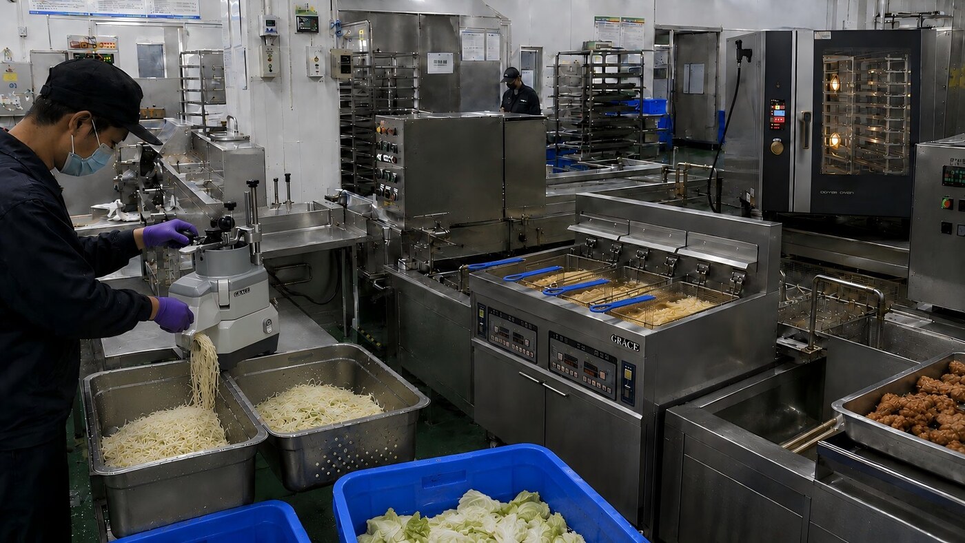 Large-scale central kitchen production facility with GRACE cooking line and combi oven